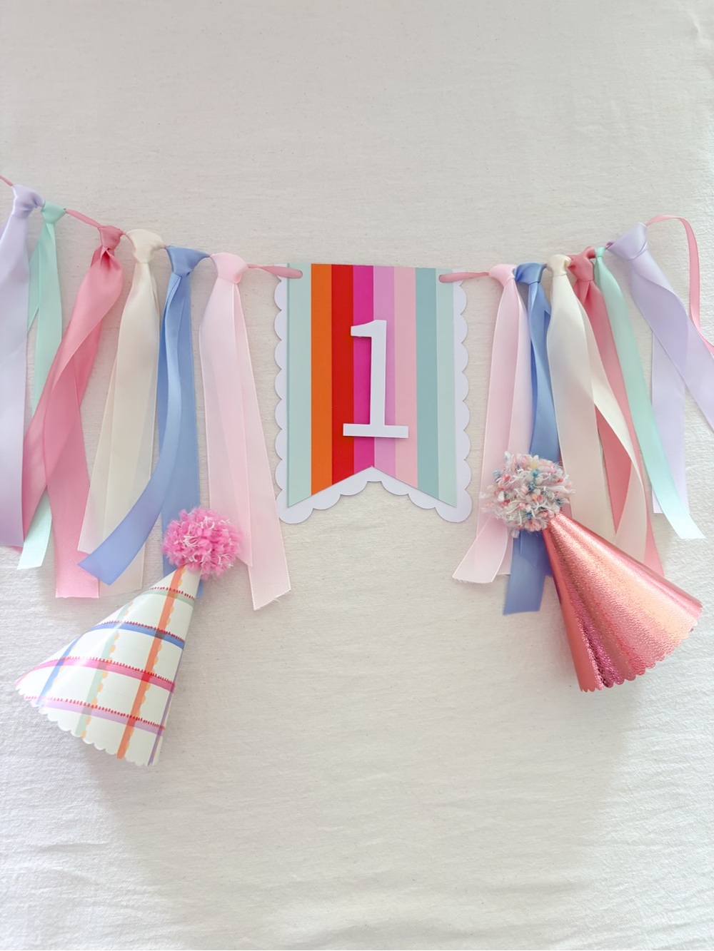 First Birthday fun to be one Pastel Ribbon Garland Banner with Number 1 - Picture 2 of 3